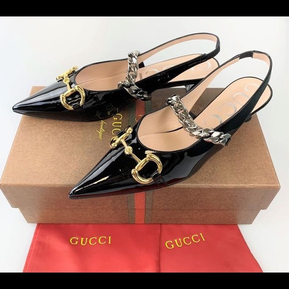 GUCCI Black Patent Leather Horsebit Chain Pumps Size 40 9.5 616596 Runway Shoe - Picture 2 of 16